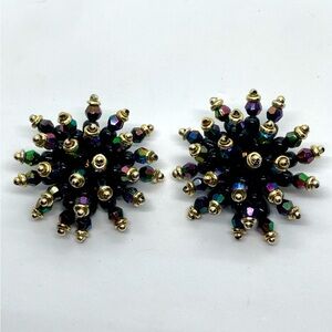 Vtg 80’s AB Iridescent Spiky Black & Gold Tone Beaded Sputnik Clip Earrings 2.1”